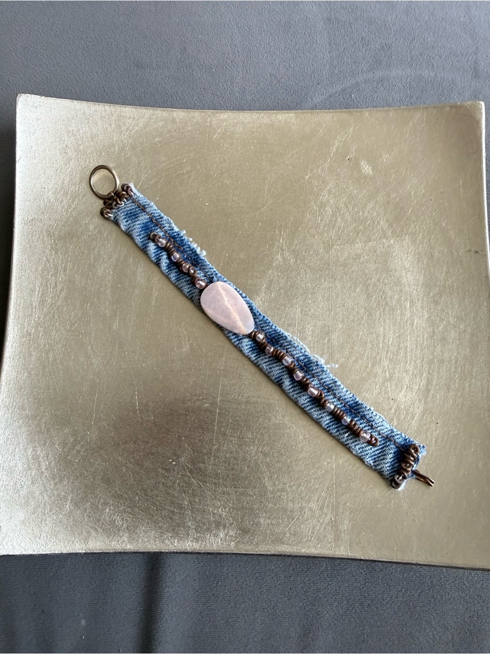 Denim Beaded Stretch Bracelet with Rose Stone